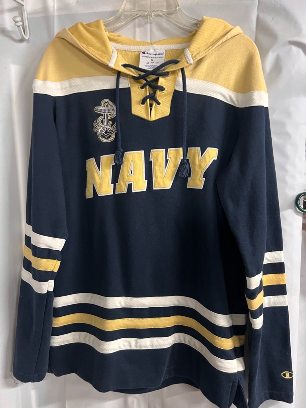 Champion Navy and Yellow Lace-Up Crewneck Sweater